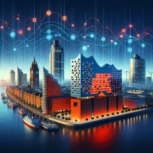 Firewall DNS Security Sicherheit Hamburg Digitaler Entwurf der Hamburger Skyline mit einer rötlichen Beleuchtung, wobei die Elbphilharmonie und andere markante Gebäude hervorgehoben werden, e 
