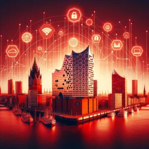 rot 
Firewall DNS Security Sicherheit Hamburg Digitaler Entwurf der Hamburger Skyline mit einer rötlichen Beleuchtung, wobei die Elbphilharmonie und andere markante Gebäude hervorgehoben werden, e 