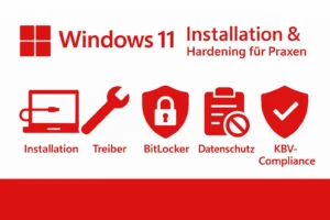 Grafik im Netzleiter-Rot: Titel ›Windows 11 Installation & Hardening für Praxen‹, darunter fünf rote Icons – Laptop für Installation, Schraubenschlüssel für Treiber, Schloss-Schild für BitLocker, Checkliste mit Verbotssymbol für Datenschutz und Häkchen-Schild für KBV-Compliance – auf weißem Hintergrund.