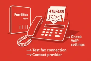 Rote Netzleiter-Grafik mit FRITZ!Box 7590 und Faxgerät; zerknittertes Fax mit Fehlercode 415/488 ragt heraus. Darunter drei weiße Troubleshooting-Schritte: ‚Check VoIP settings‘, ‚Test fax connection‘, ‚Contact provider'