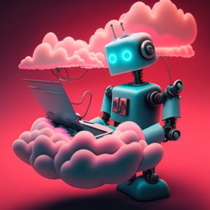 medical it Firefly Roboter der einen Computer untersucht auf einer Wolke auf einen roten Himmel 3246
