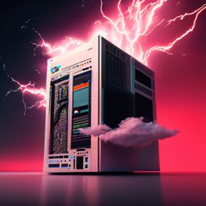 USV Firefly Tower Computer mit spektakuläre Blitzen auf einer Wolke auf einen roten Himmel 3246