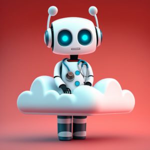 medizinische IT, medical it, Firefly freundlicher Arzt Roboter mit Kittel und Stethoskop auf einer Wolke auf einen roten Himmel 6