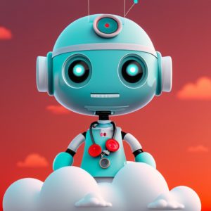 medizinische IT, medical it Firefly freundlicher Arzt Roboter mit Kittel und Stethoskop auf einer Wolke auf einen roten Himmel 7