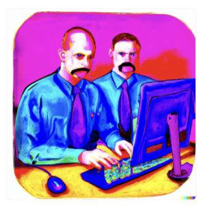 Doc and it guy with moustache on a computer